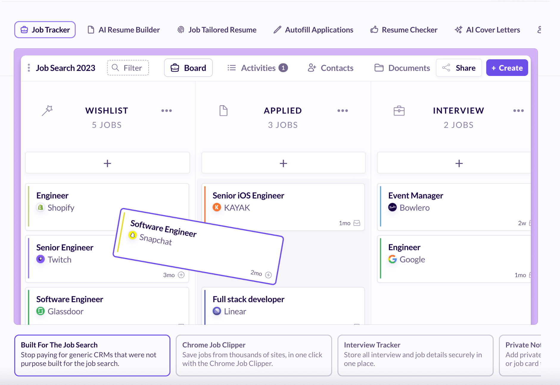 Huntr job tracking dashboard